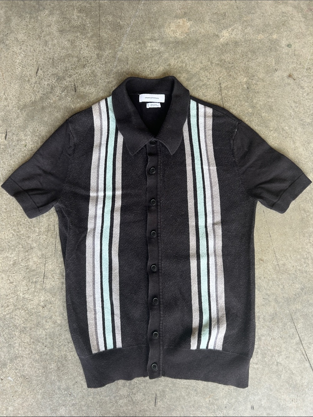 Urban Outfitters Black Short-Sleeve Button Polo with Mint and Gray Stripes